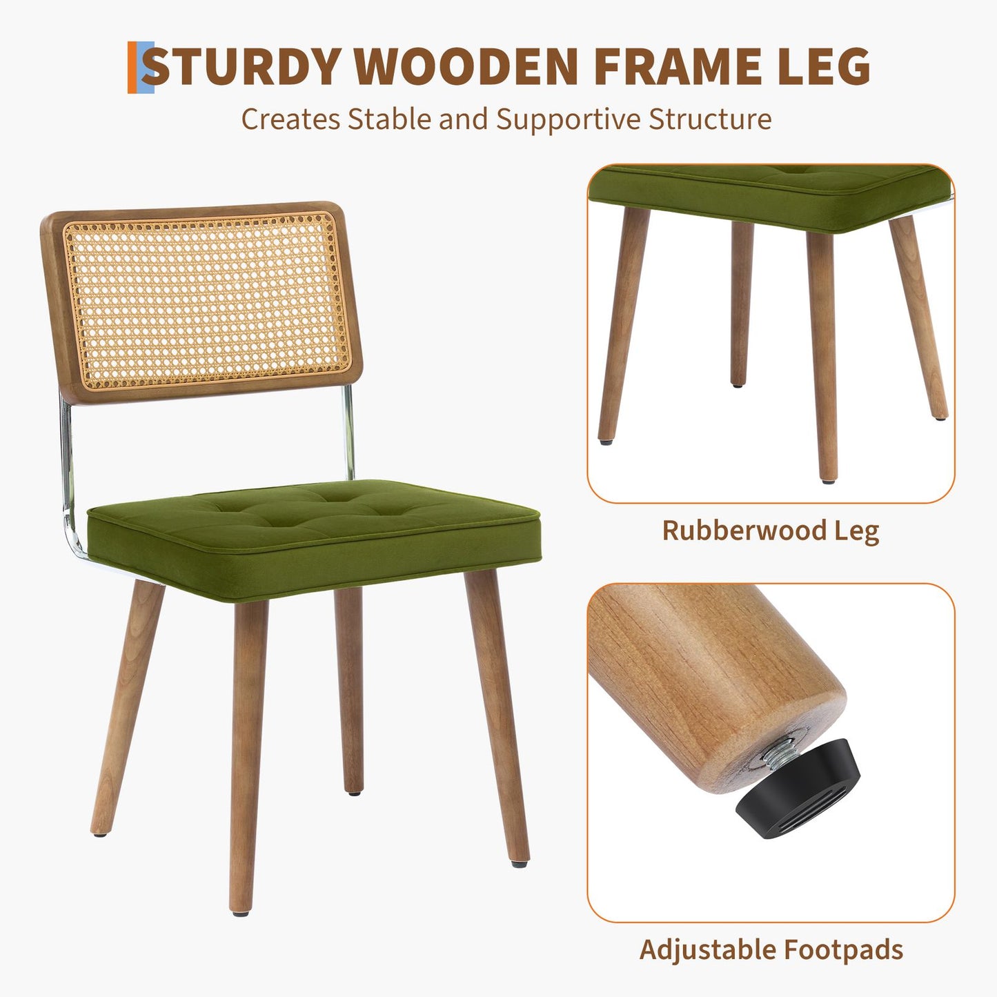 Eetkamerstoelen – Stoelen – Dining Chairs – Zetels – Zitmeubels – Set van 2 Zwarte Mid-Century Modern Boho Stoelen – Houten Frame Met Natuurlijke Rattan Rugleuning – Comfortabele Gestoffeerde Katoenzitting