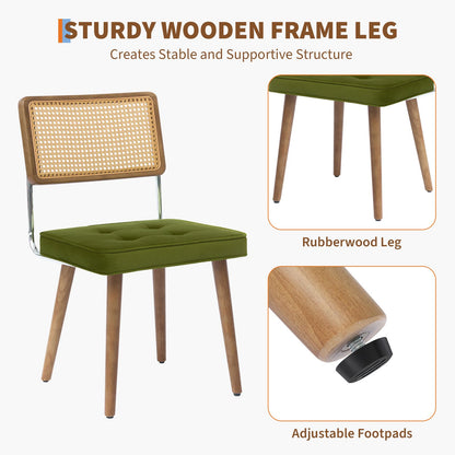 Eetkamerstoelen – Stoelen – Dining Chairs – Zetels – Zitmeubels – Set van 2 Zwarte Mid-Century Modern Boho Stoelen – Houten Frame Met Natuurlijke Rattan Rugleuning – Comfortabele Gestoffeerde Katoenzitting