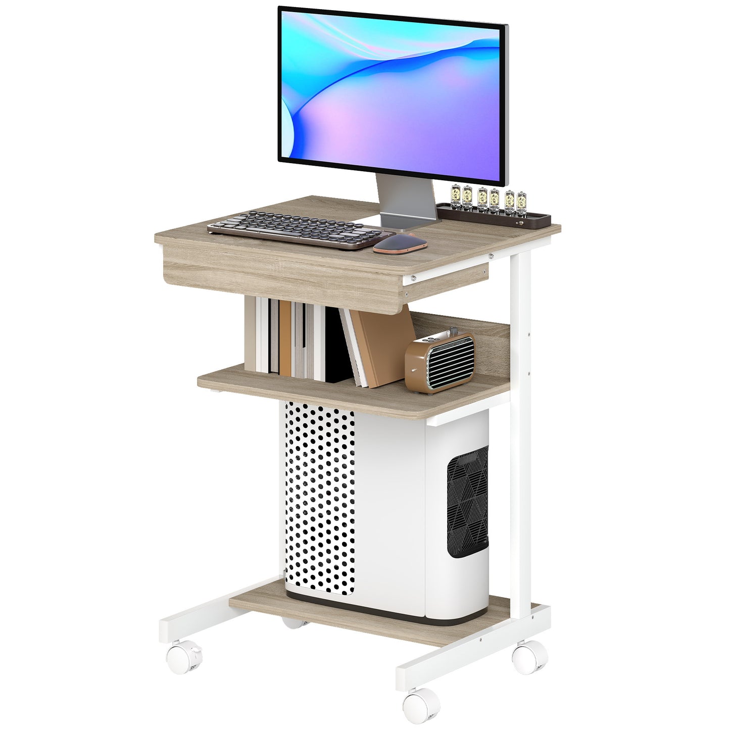 Rollend Bureau – Mobiel Bureau – Compact Bureau – Werkplek met Lade – Opbergrekken – Variant Eiken – Stevig Spaanplaat en Metaal – 4 Draaibare Wieltjes met Rem