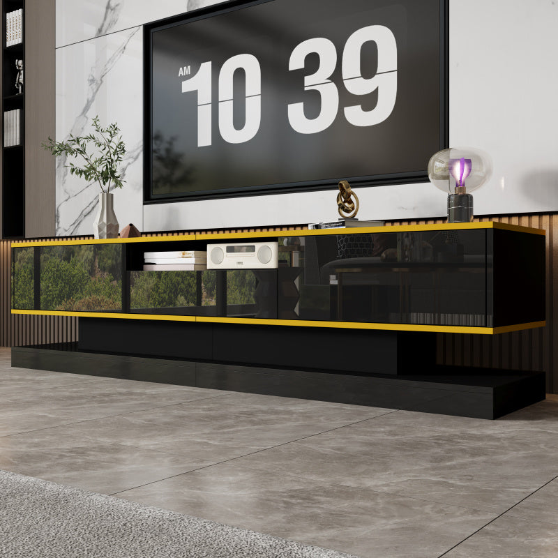 Modern Tv-meubel – Tv-kast – Entertainmentmeubel – Opbergmeubel – Woonkamermeubel – Zwart Hoogglans Met Gouden Accenten – 3 Laden + Open Vak Met Kleurveranderende LED – Ruimtebesparend 180x38x45 cm