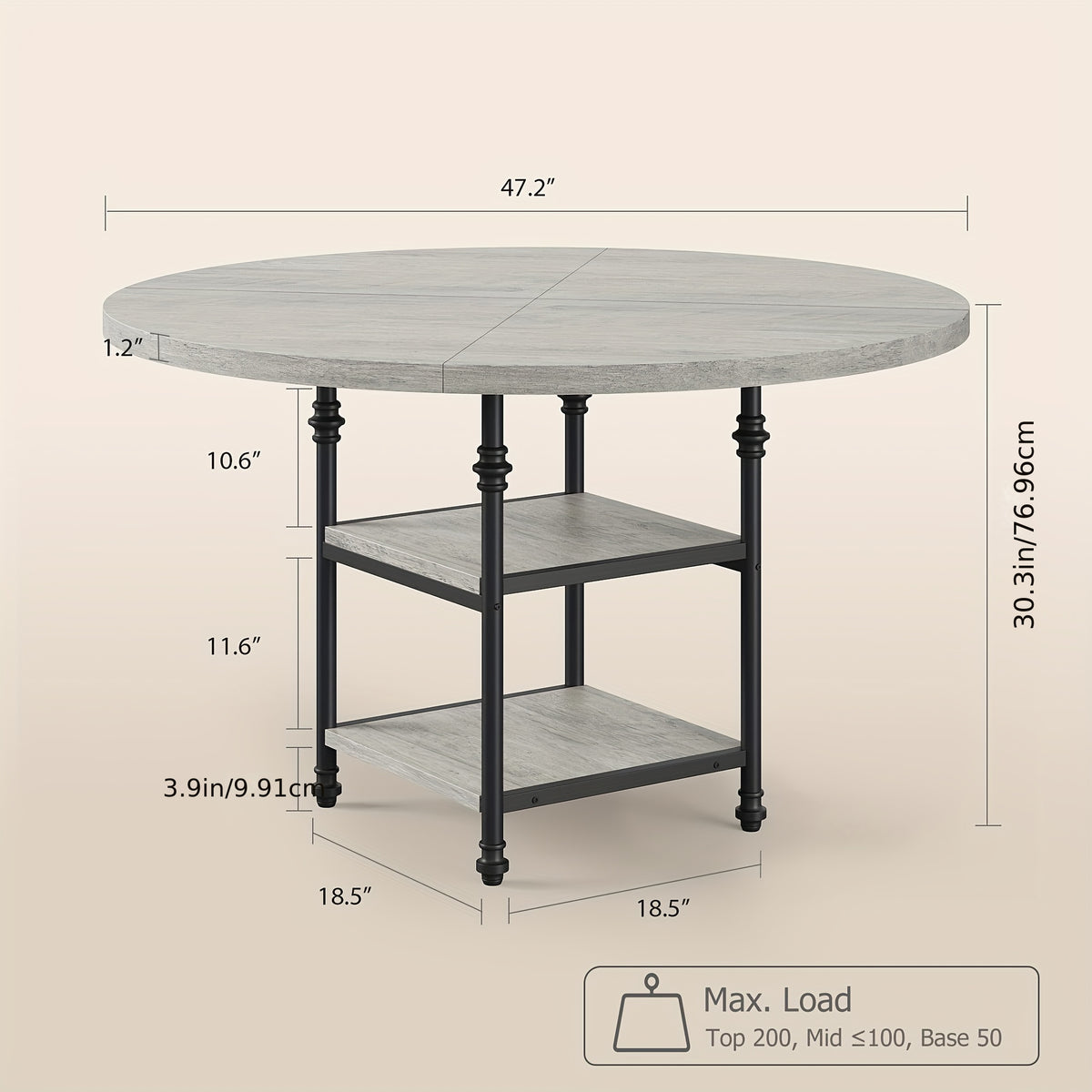47-Inch Round Dining Table for 4 or 6 - Rustic Grey Wooden Kitchen Table with Storage Shelves & Roman Metal Legs, Contemporary Pedestal Design, No Assembly Required, Dining Room, Kitchen, Living Room Furniture, Dining Table, Kitchen Table