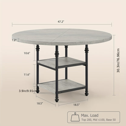 47-Inch Round Dining Table for 4 or 6 - Rustic Grey Wooden Kitchen Table with Storage Shelves & Roman Metal Legs, Contemporary Pedestal Design, No Assembly Required, Dining Room, Kitchen, Living Room Furniture, Dining Table, Kitchen Table