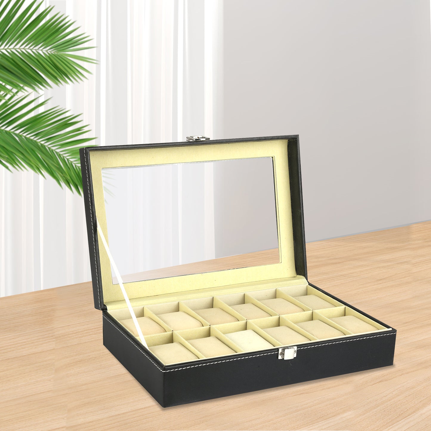 Horlogedoos – Horloge Opbergdoos – Horlogebox – Sieradendoos – Watch Box – 12 Vakken – PU Leer – Zachte Voering – Veilig Sluitclip – Zwart Buitenwerk – Beige Binnenkant