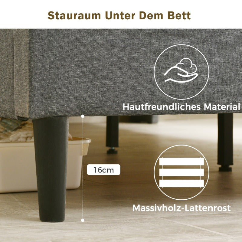 Bed Met Opbergruimte – Tweepersoonsbed – Slaapbed – Ledikant – Boxspring – Matras Inclusief – Gestoffeerd Grijs – Houten Lattenbodem – 140x200 cm