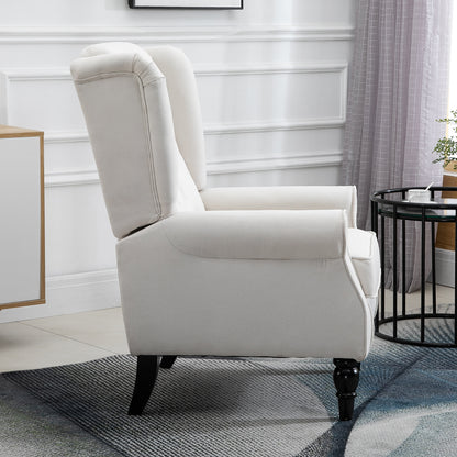 Fauteuil – Relaxstoel – Loungestoel – Accentstoel – Zithoekstoel – Creme Wit – Knopen Gestoffeerde Rugleuning – Stevige Houten Poten