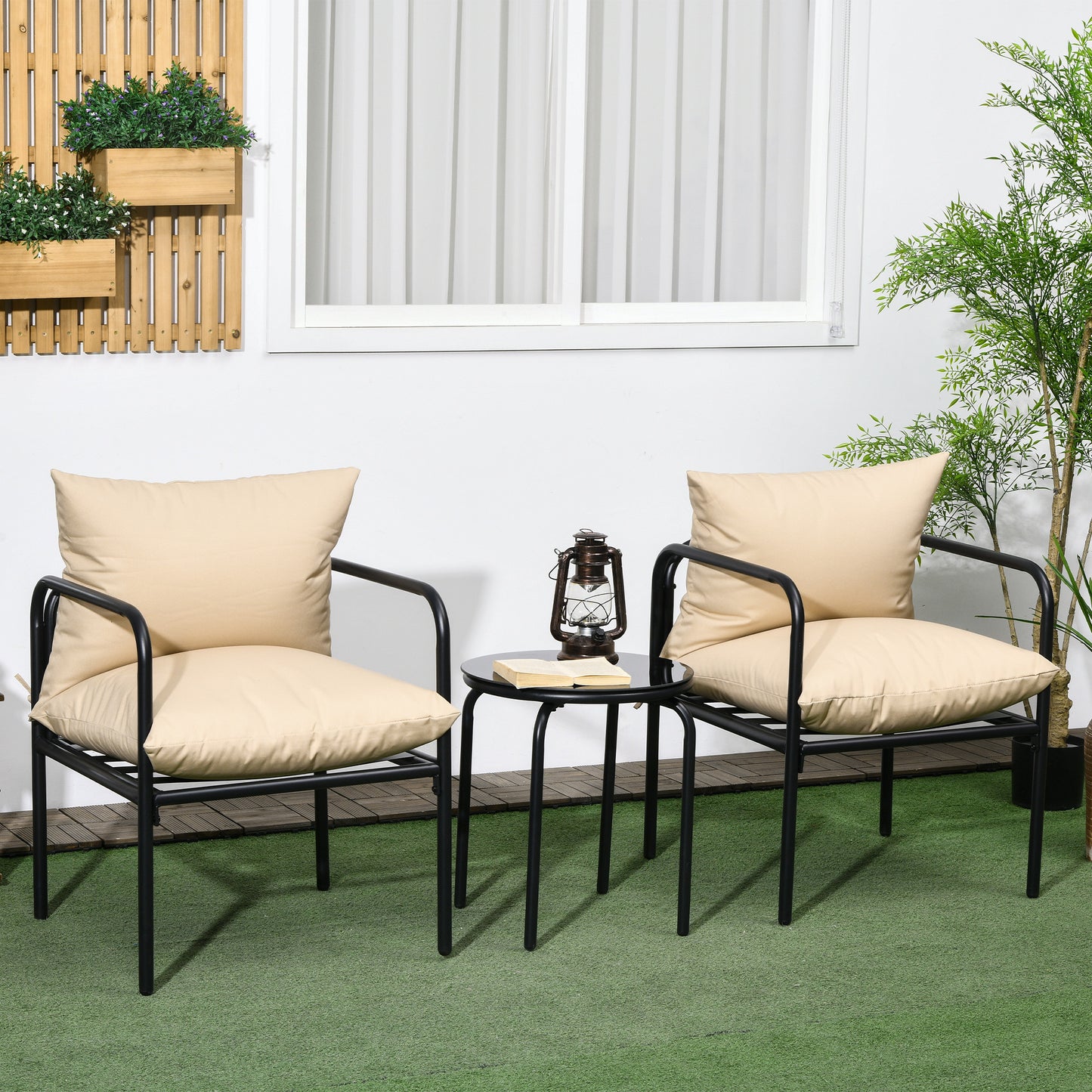 Tuinset – Bistroset – Terrasmeubels – Balkonset – Buitenmeubilair – Zwart Beige Design – Met Metalen Frame