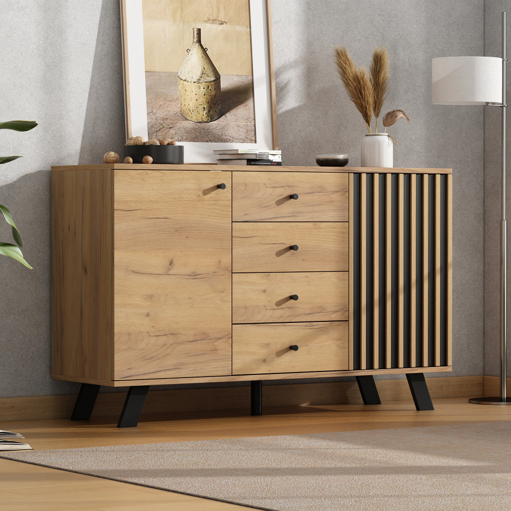 Dressoir – Sideboard – Ladekast – Opbergkast – Commode – Modern Wit – 4 Laden & 2 Deuren – 120x38x75 cm – Zwarte Poten
