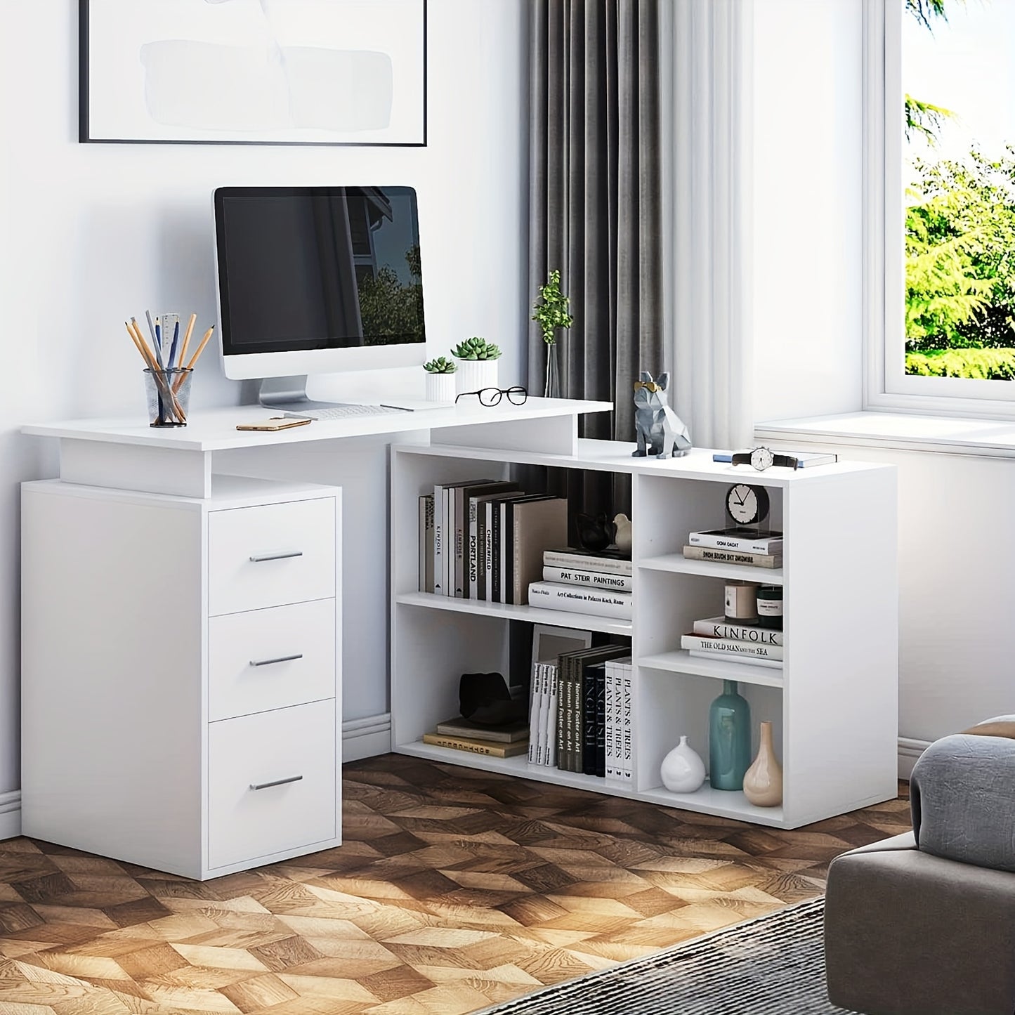 Hoekbureau – Bureau – Computertafel – L-Vormig Bureau – Schrijftafel – Wit Gelakt Hout – 3 Laden Opbergruimte – Compact Ruimtebesparend Design