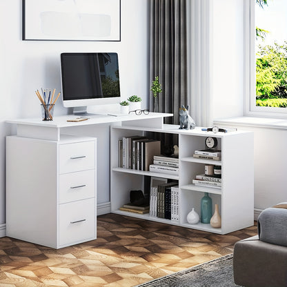 Hoekbureau – Bureau – Computertafel – L-Vormig Bureau – Schrijftafel – Wit Gelakt Hout – 3 Laden Opbergruimte – Compact Ruimtebesparend Design