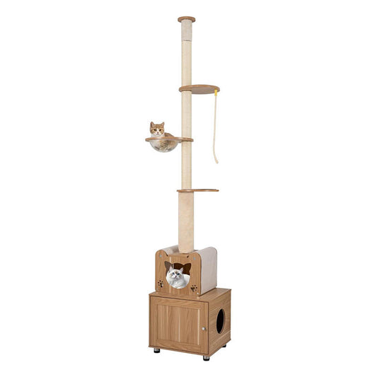 Kattentoren – Klimpaal – Klimmeubel – Krabpaal – Kattentoren Verstelbaar – Bruin – Verstelbare Hoogte – Inclusief Zacht Bed en Capsule