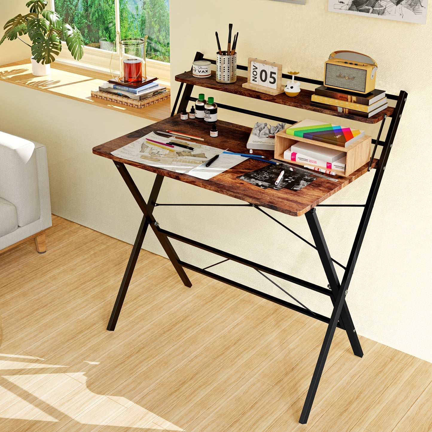 Bureau – Computerbureau – Bureautafel – Werkplek – Opvouwbaar – Ruimtebesparend – Stevig Legeringsstaal Frame – Ingebouwde Plank en Monitorstandaard