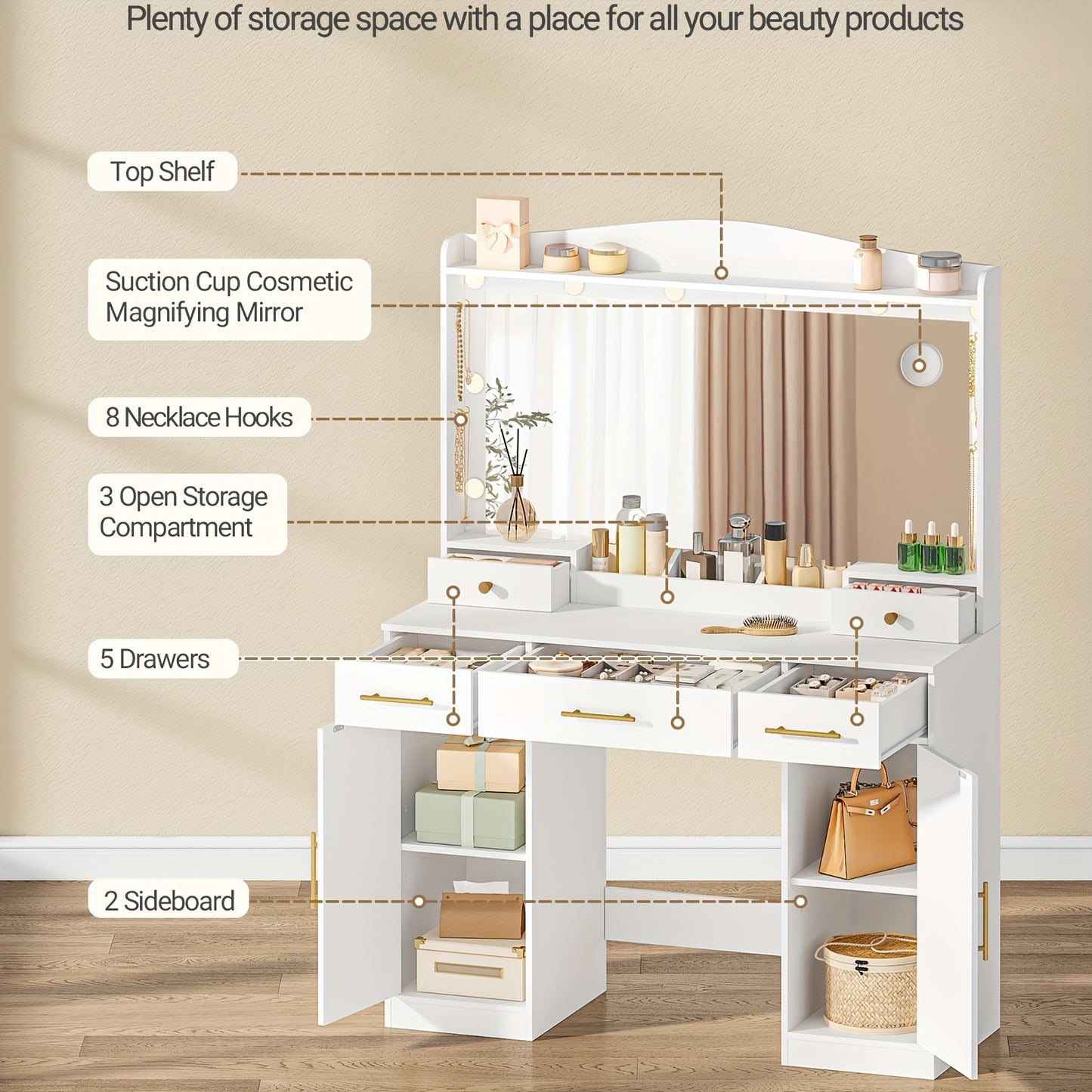 Dressing Table With HD Large Mirror, 3 Color Adjustable LED Lights, 5 Drawers And 2 Storage Cabinets, Open Storage, Bedroom, 40 X 108 X 149 Cm, White