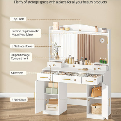 Dressing Table With HD Large Mirror, 3 Color Adjustable LED Lights, 5 Drawers And 2 Storage Cabinets, Open Storage, Bedroom, 40 X 108 X 149 Cm, White