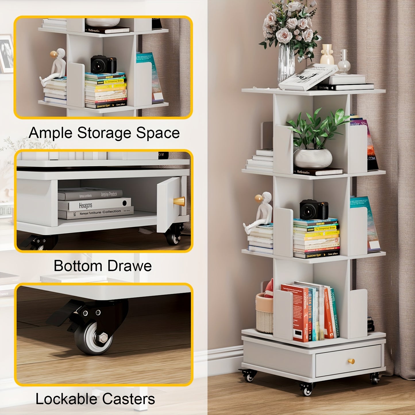Boekenkast – Boekenrek – Opbergkast – Draaibare Kast – Mobiele Boekenkast – 3-laags met Lade – 360° Draaibaar met Vergrendelbare Wielen – Duurzaam Hardhout, Compact & Ruimtebesparend