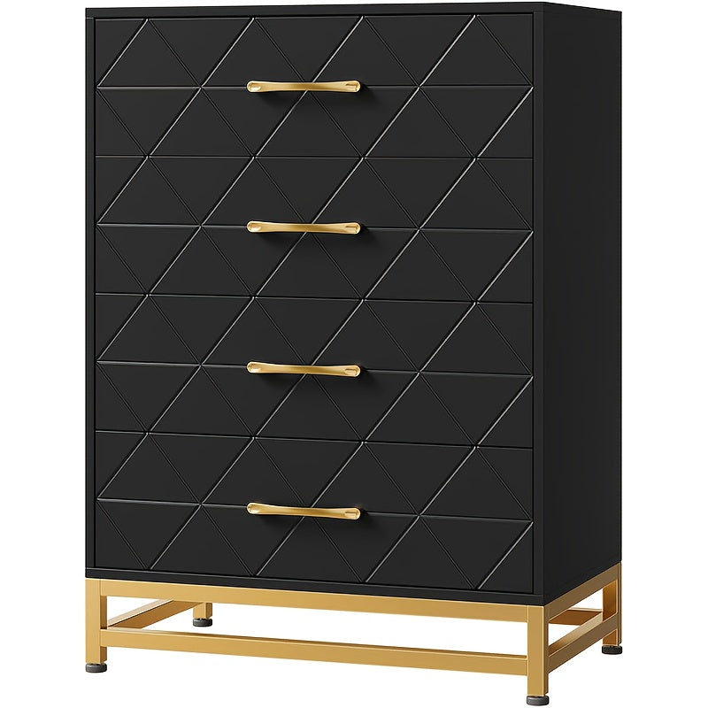 Modern Black Chest of Drawers with Golden Handles & Anti-Tip Device - 3, 2 Cu Ft Storage, 68.58cm Height, 2 Drawers & 2 Shelves, Compact Design for Bedroom, Living Room, Hallway - Durable Hardwood & Artificial Wood, Easy Asse