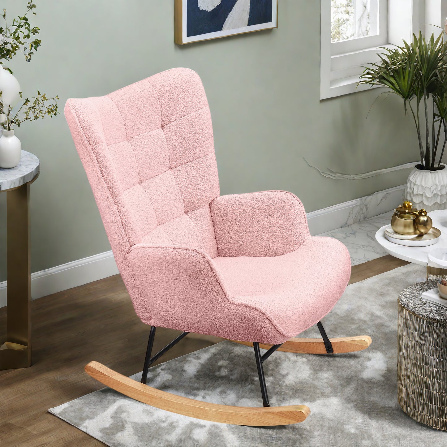 Schommelstoel – Schommelstoel Met Armleuning – Relaxstoel – Rocking Chair – Fauteuil Roze – Zachte Teddy Bekleding – Hoog Rugstuk Ergonomisch