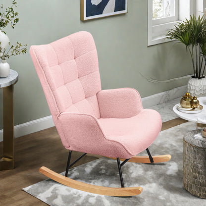 Schommelstoel – Schommelstoel Met Armleuning – Relaxstoel – Rocking Chair – Fauteuil Roze – Zachte Teddy Bekleding – Hoog Rugstuk Ergonomisch
