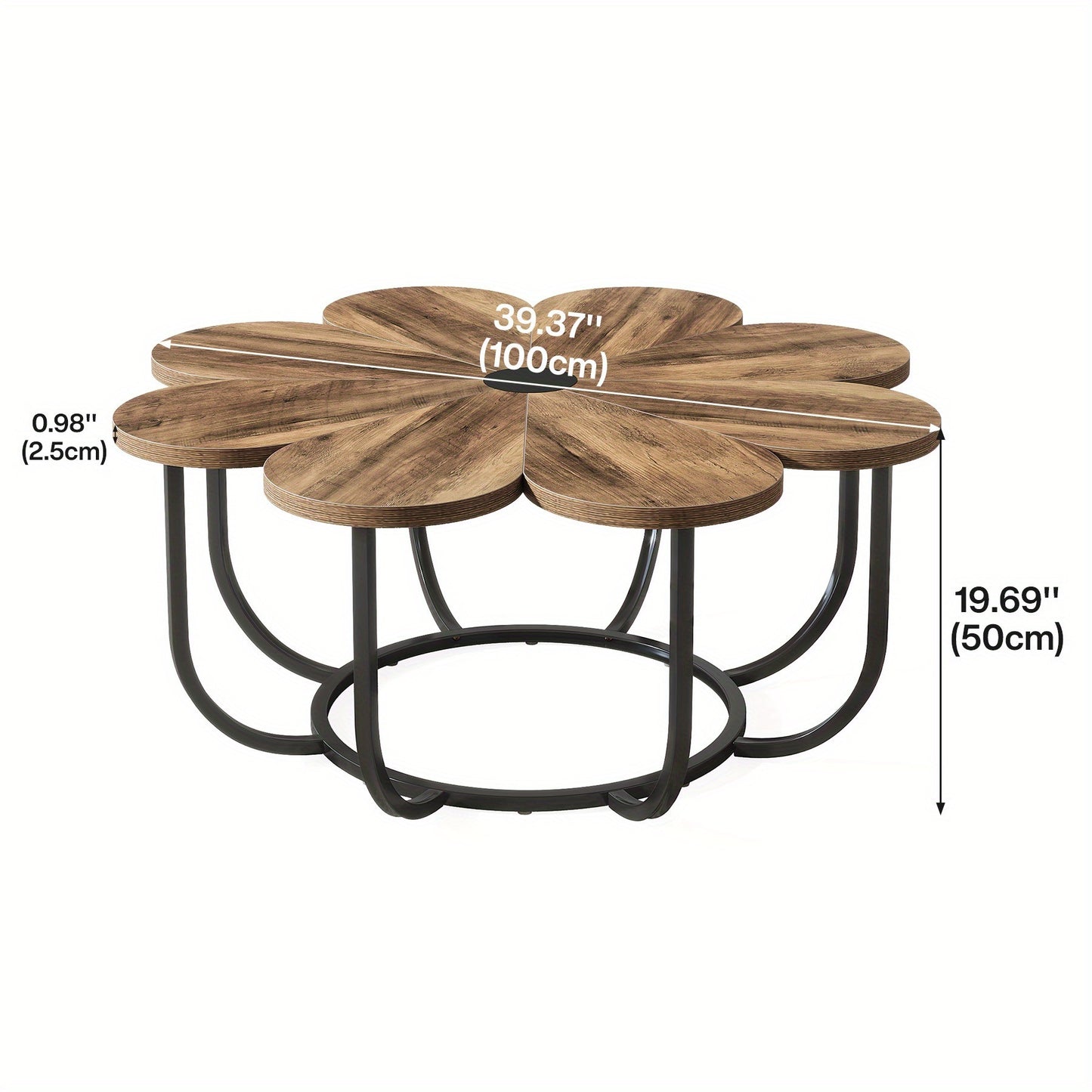 Salontafel – Koffietafel – Bijzettafel – Woonkamertafel – Lounge tafel – Bloemvormig tafelblad – Zwart metalen frame – Ruimtebesparend ontwerp – Diameter 100 cm – Hoogte 50 cm