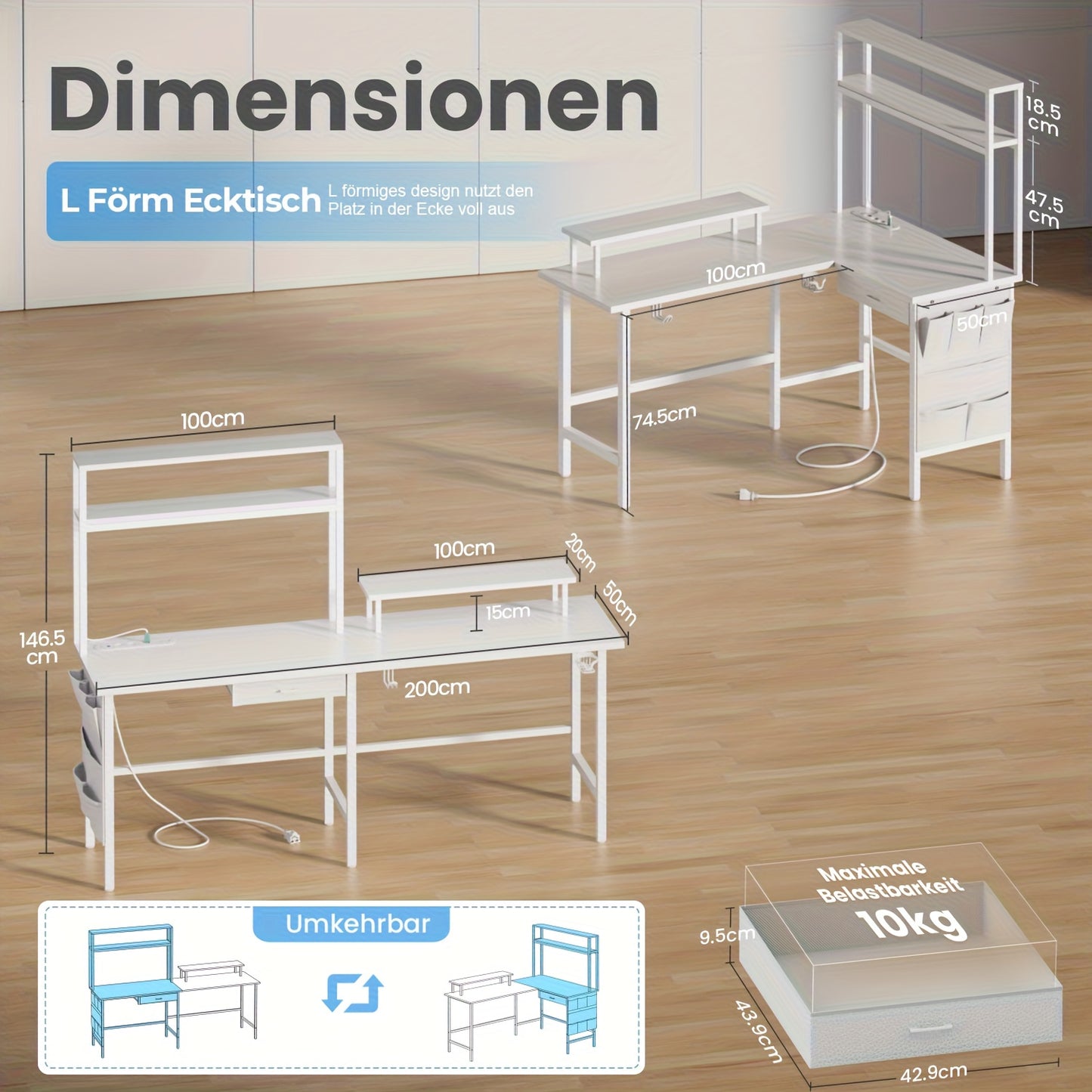 Ergonomisch Hoekbureau – Computerbureau – Gaming Tafel – L-vormig Bureau – Bureau Hoekopstelling – Geïntegreerde LED-verlichting – Verstelbare Monitorstandaard 170x100 cm Grijs