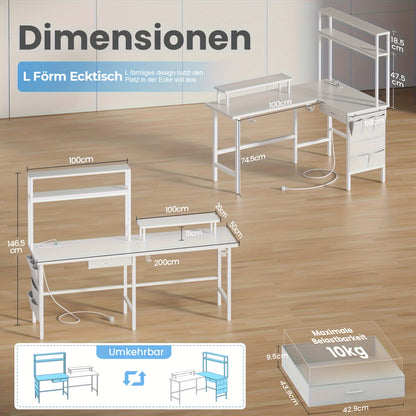 Ergonomisch Hoekbureau – Computerbureau – Gaming Tafel – L-vormig Bureau – Bureau Hoekopstelling – Geïntegreerde LED-verlichting – Verstelbare Monitorstandaard 170x100 cm Grijs