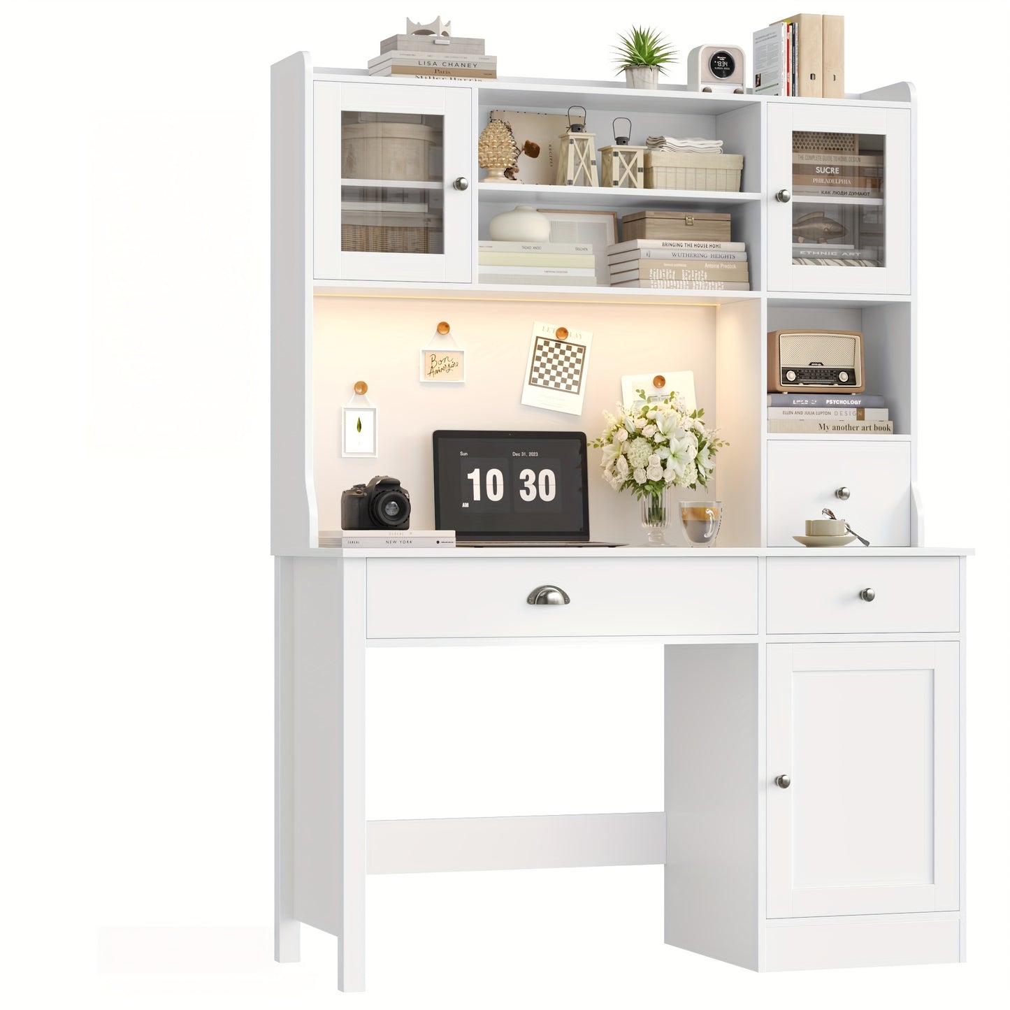 Wit Houten Bureau – Schrijftafel – Computertafel – Make-up Tafel – Werkplek Meubel – Met 3 Lades en 3 Deuren – Verstelbare Planken – Stevig en Ruim