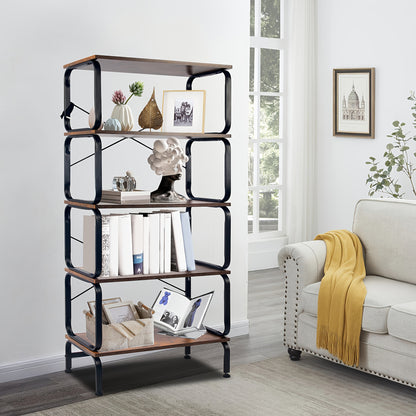 5-laags metalen opbergrek – boekenplank – staand rek – opslagrek – displaykast – Bruin met zwart frame – industrieel design – stevige constructie – ruimtebesparend verticaal model