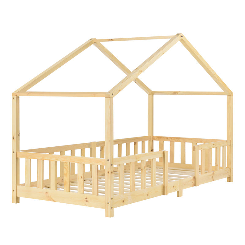 Kinderbed – Kinderbedden – Eenpersoonsbed – Hoogslaper – Stapelbed – Huisvormig Design – Valbeveiliging – Grenenhout – 140x200 cm