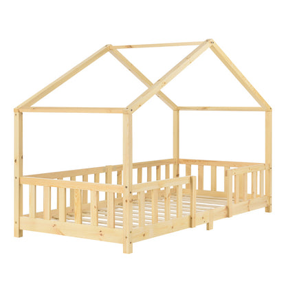 Kinderbed – Kinderbedden – Eenpersoonsbed – Hoogslaper – Stapelbed – Huisvormig Design – Valbeveiliging – Grenenhout – 140x200 cm