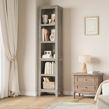5-Tier Farmhouse Bookcase with Open Storage Shelves - Freestanding Space-Saving Vertical Bookshelf, Modern Rustic Tall Bookcase Tower with Sturdy Hardwood Construction, Gray Finish & Natural Wood Grain for Living Room, Home O