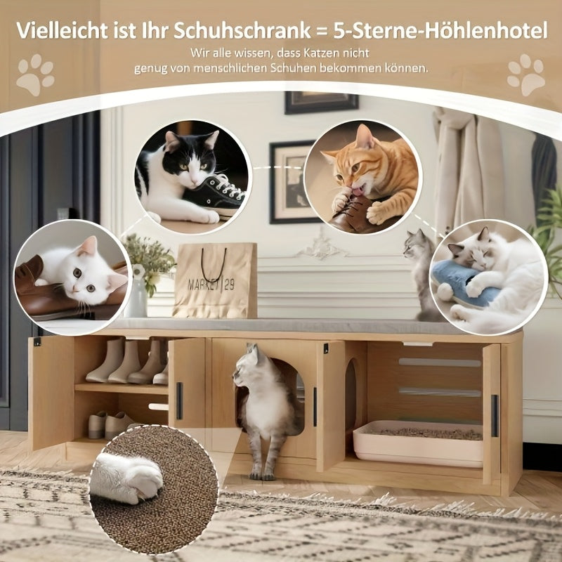 Kattenbakmeubel – Kattenbak Kast – Kattenbakkast – Kattenhuis – Kattenbak Ombouw – Verborgen Ontwerp – Geïntegreerde Krabpaal – Ruim Opbergvak – Natuurlijk Materiaal