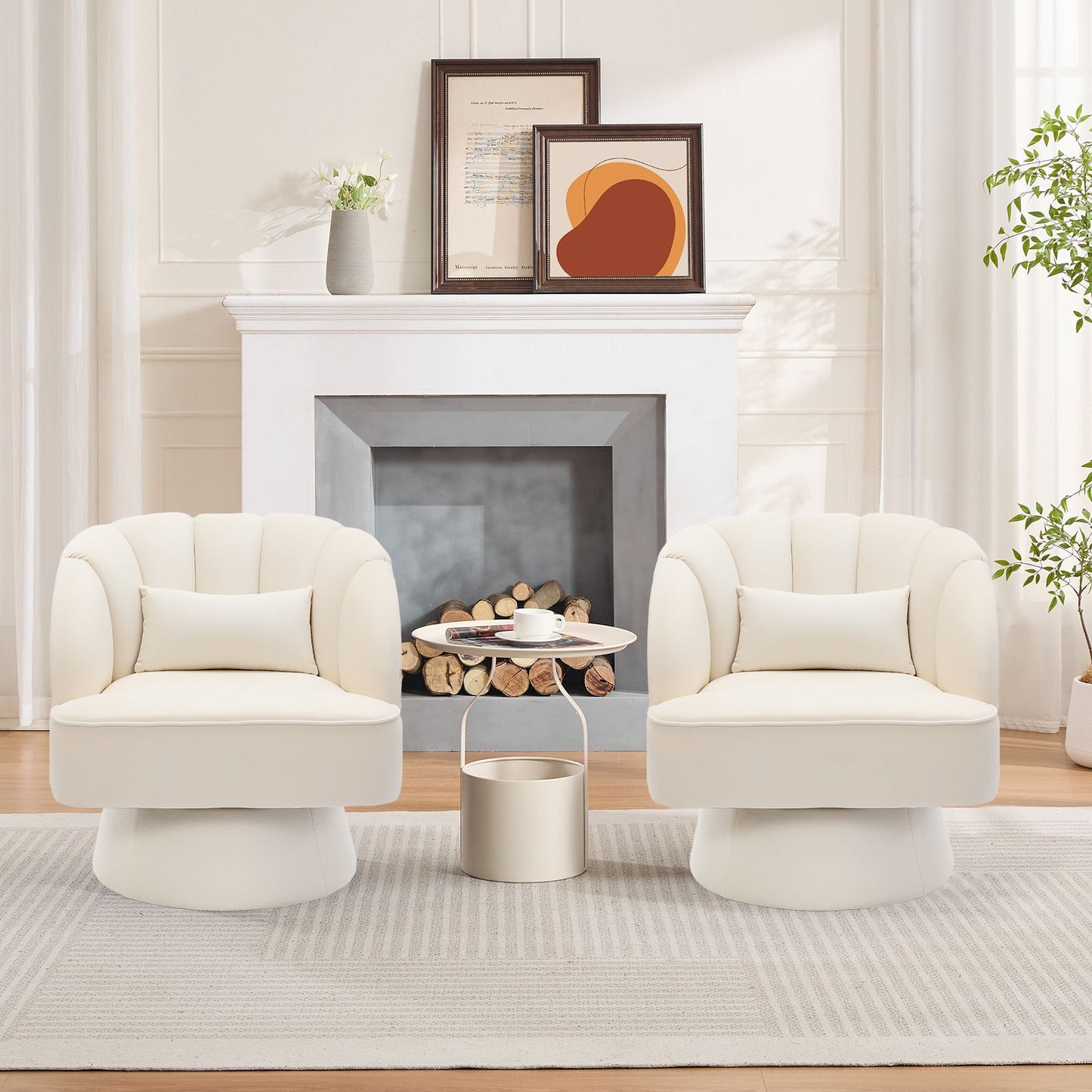 Swivel Accent Chair 360° Barrel Lounge Chair with Modern Striped Backrest | Round Armchair for Living, Bedroom Reading Nook, Hardwood, Non-Adjustable, Wipe Clean