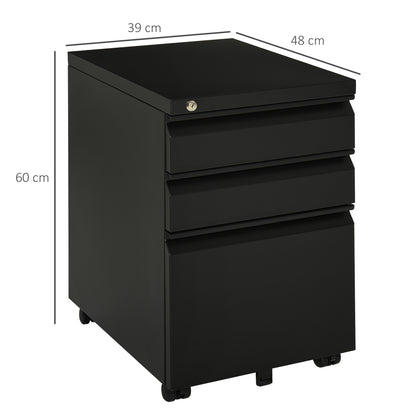 Rollcontainer – Ladenkast – Archiefkast – Bureaukast – Opbergkast – Zwart Stalen Bureaukast – 3 Laden Met Centrale Vergrendeling – 4 Zwenkwielen, Compact 39x48x60 cm