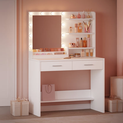 Kaptafel – Make-up Tafel – Opmaktafel – Visagietafel – Beautytafel – Met Spiegel en LED Verlichting – 2 Lades en 4 Open Vakken – Modern Wit – 3 Lichtstanden