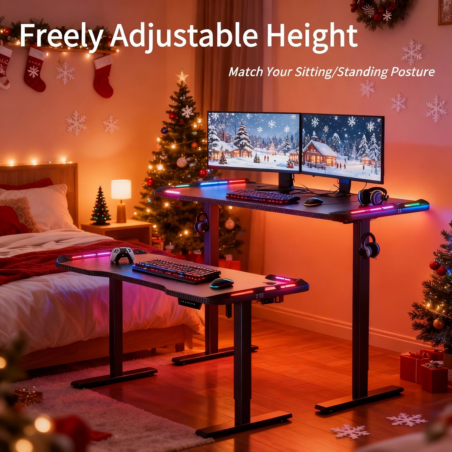 Elektrisch Verstelbaar Zit-Sta Bureau – Zit-Sta Tafel – Bureau Verstelbaar – Gaming Bureau – Thuiswerk Bureau – Carbon Fiber Tafelblad – RGB LED Verlichting – XXL Antislip Muismat – Hoofdtelefoonhaak – Verstelbaar 71-113 cm