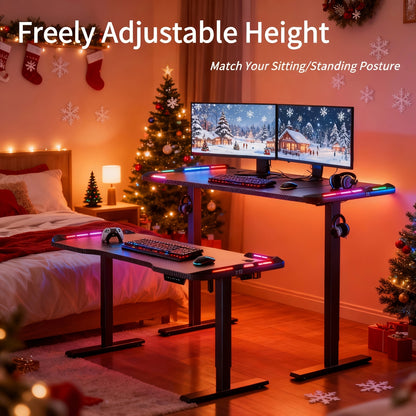 Elektrisch Verstelbaar Zit-Sta Bureau – Zit-Sta Tafel – Bureau Verstelbaar – Gaming Bureau – Thuiswerk Bureau – Carbon Fiber Tafelblad – RGB LED Verlichting – XXL Antislip Muismat – Hoofdtelefoonhaak – Verstelbaar 71-113 cm