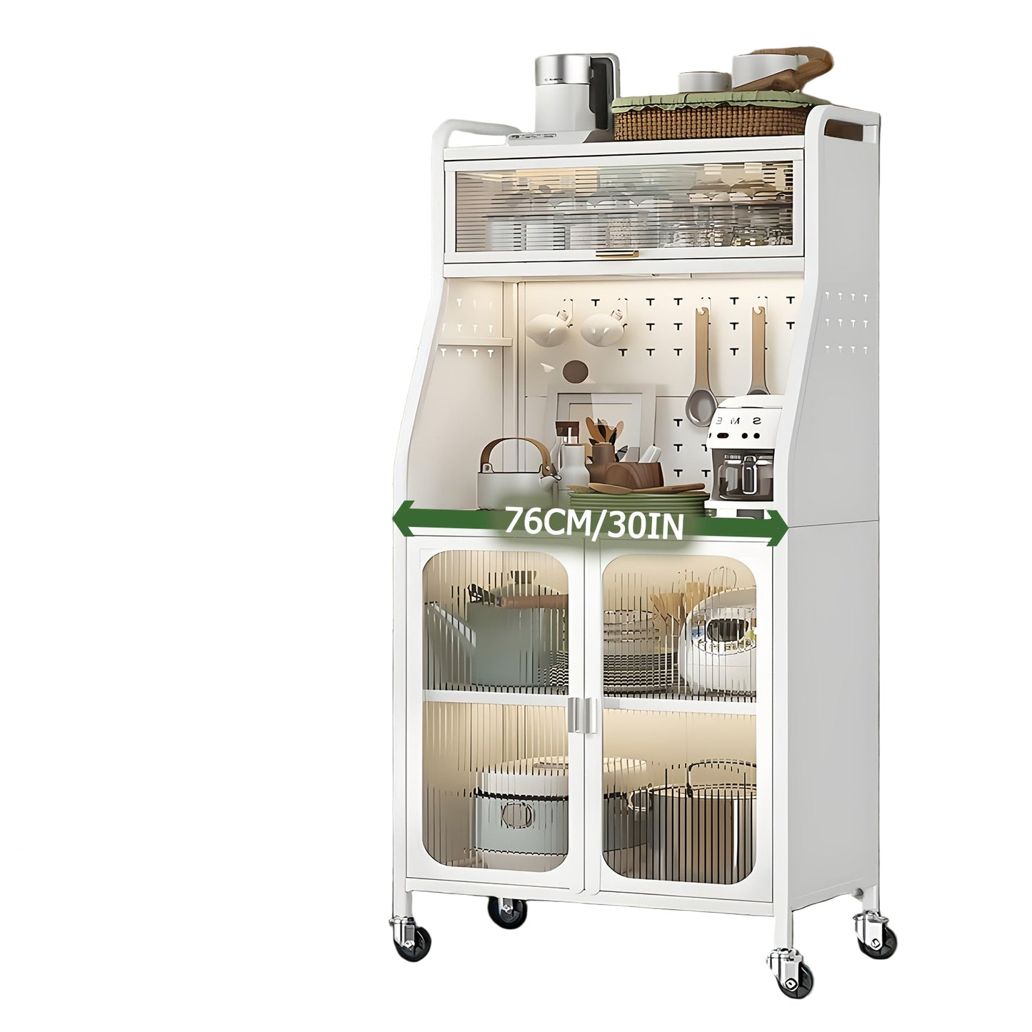 Keukenkast – Buffetkast – Hoge Kast – Keukenmeubel – Woonkamerkast – Op Wieltjes – Verstelbare Planken – Wit 76 cm Breed