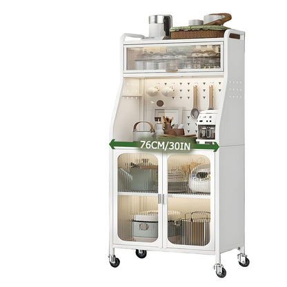 Keukenkast – Buffetkast – Hoge Kast – Keukenmeubel – Woonkamerkast – Op Wieltjes – Verstelbare Planken – Wit 76 cm Breed