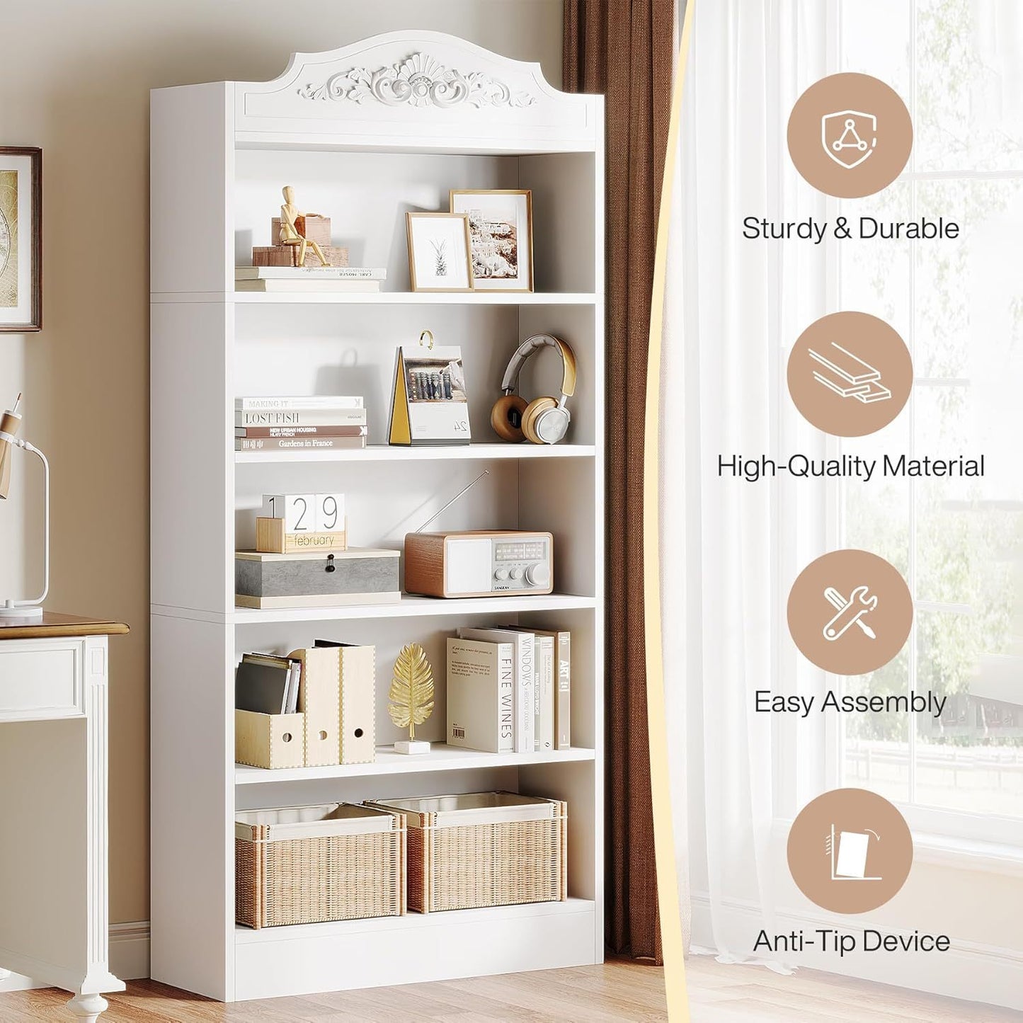 Boekenkast – Boekplank – Boekenrek – Opbergkast – Vakkenkast – Wit – 5 Planken – MDF Hout – Anti-Kantelvoorziening