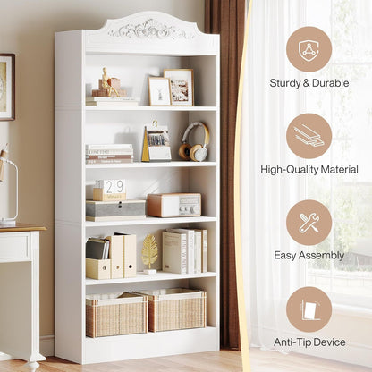Boekenkast – Boekplank – Boekenrek – Opbergkast – Vakkenkast – Wit – 5 Planken – MDF Hout – Anti-Kantelvoorziening
