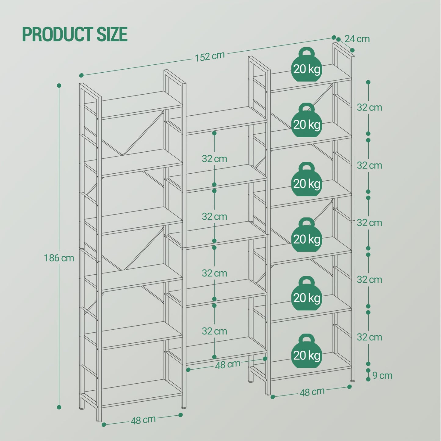 Boekenkast – Boekenplank – Wandrek – Opbergkast – Boekenrek – Vrijstaand – 17 Planken – Verstelbare Afstand – 24x152x186 cm – 340 kg Draagkracht