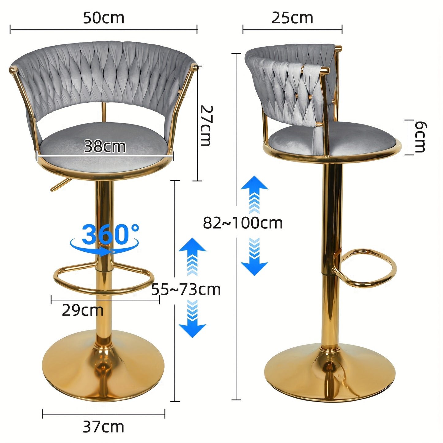 Barkrukken – Barstoel – Barstoelen – Keukenstoel – Krukken – 2 Stuks – Verstelbare Zithoogte 82-100 cm – Fluwelen Bekleding Met Gouden Metalen Poten