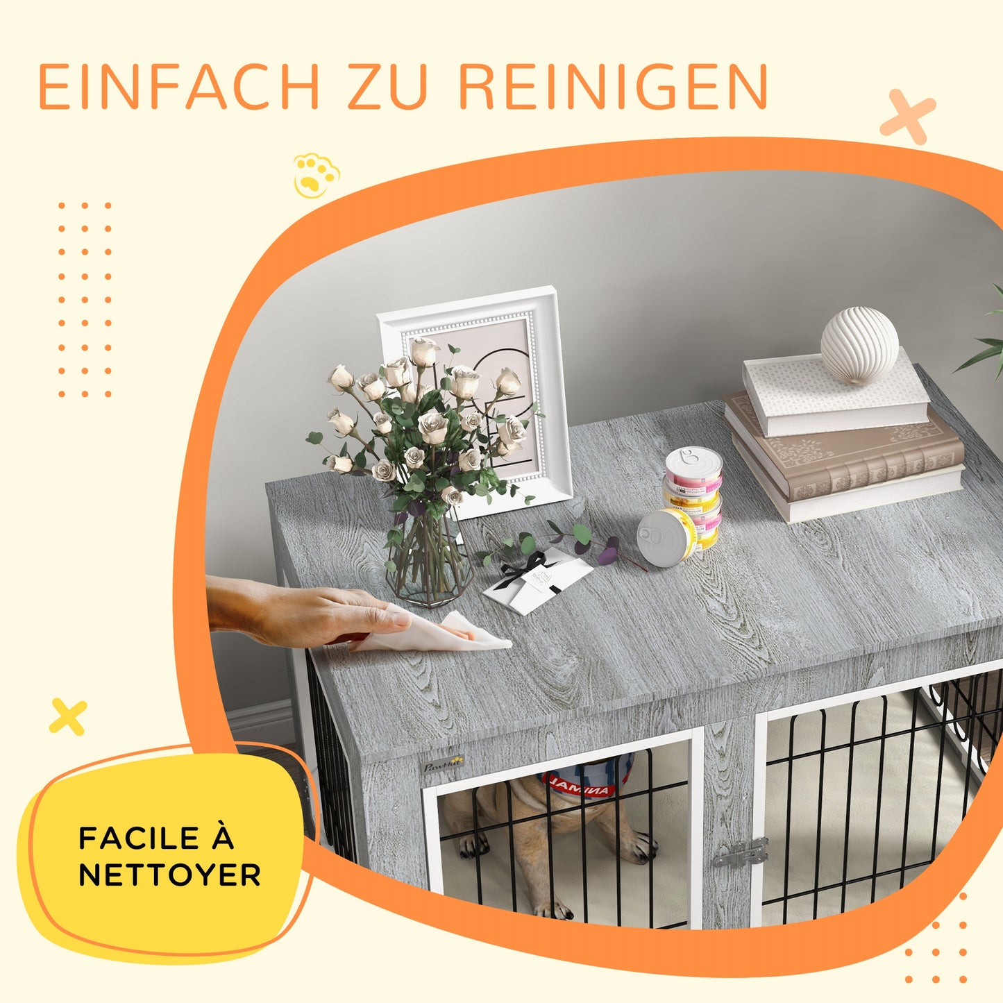 Hondenbench – Hondenkennel – Hondenkooi – Hondenkooi Bench – Hondenbench Met Kussen – Grijs – 2 Dubbele Sloten – Afneembaar Wasbaar Kussen – 90x58x65 cm
