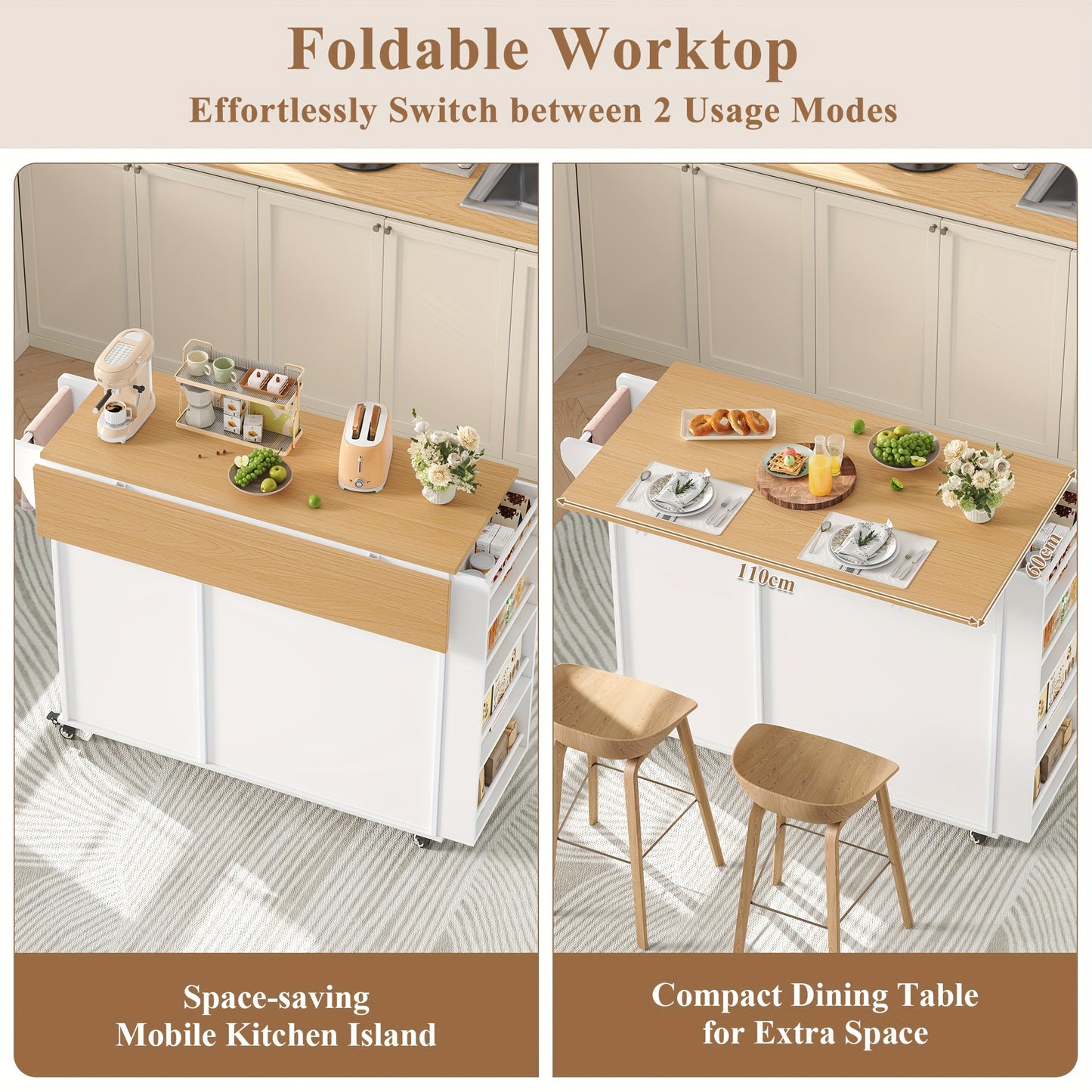 Keukentrolley – Keukenwagen – Serveerwagen – Opbergtrolley – Keukenrek – Grote Opbergruimte – 110x60 cm Werkblad – Vergrendelbare 360° Wielen – Wit Hout