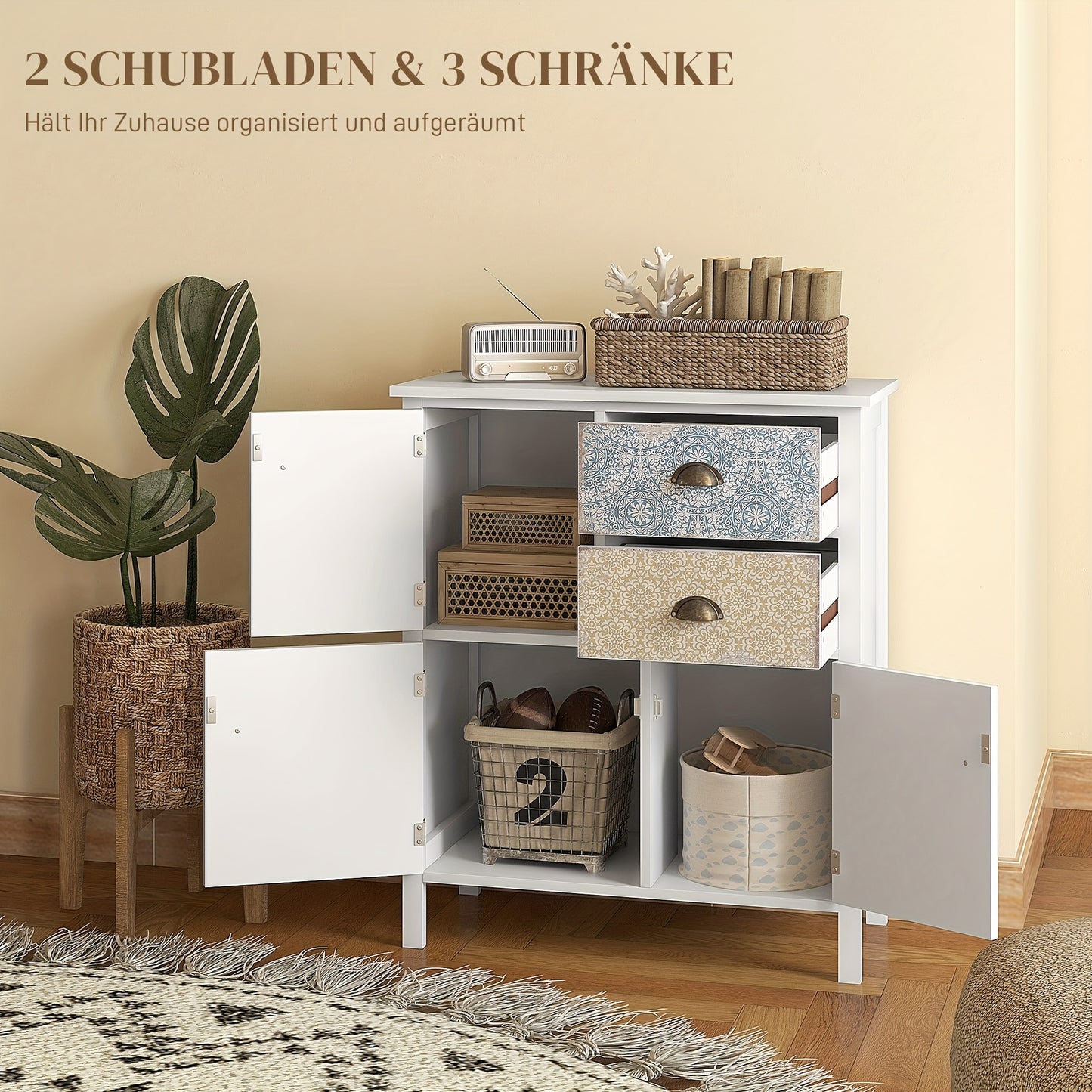 Ladekast – Ladenkast – Commode – Opbergkast – Kastje – Wit – Metaal – 68x34x80 cm – 2 Lades + 3 Open Vakken