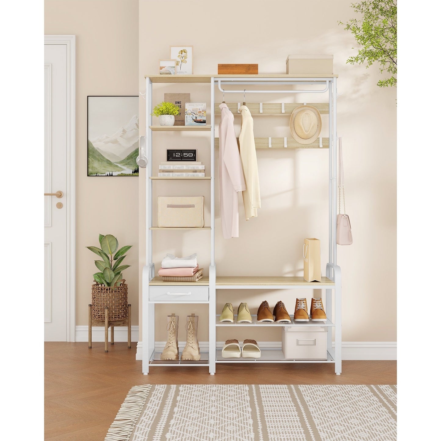Kapstok – Kledingrek – Schoenenrek – Garderobe – Halmeubel – 5-in-1 Multifunctioneel – 17 Haken & 3-Vaks Schoenenbank – Golden Oak Wit