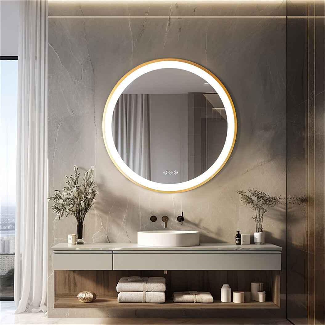 1pc Bathroom Golden Mirror With LED Light: Large Round Illuminated Wall Mirror With Brushed Aluminum Alloy Golden Frame Smart Touch Switch Demisting 3 Changeable Lighting Color, Memory Function