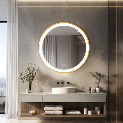 LED Spiegel Badkamer – Make-up Spiegel – Wandspiegel – Verlichte Spiegel – Ronde Spiegel 60x60 cm – Goud Geborsteld Aluminium Frame – Anti Condens Met 3-Kleurige Dimbare LED Verlichting