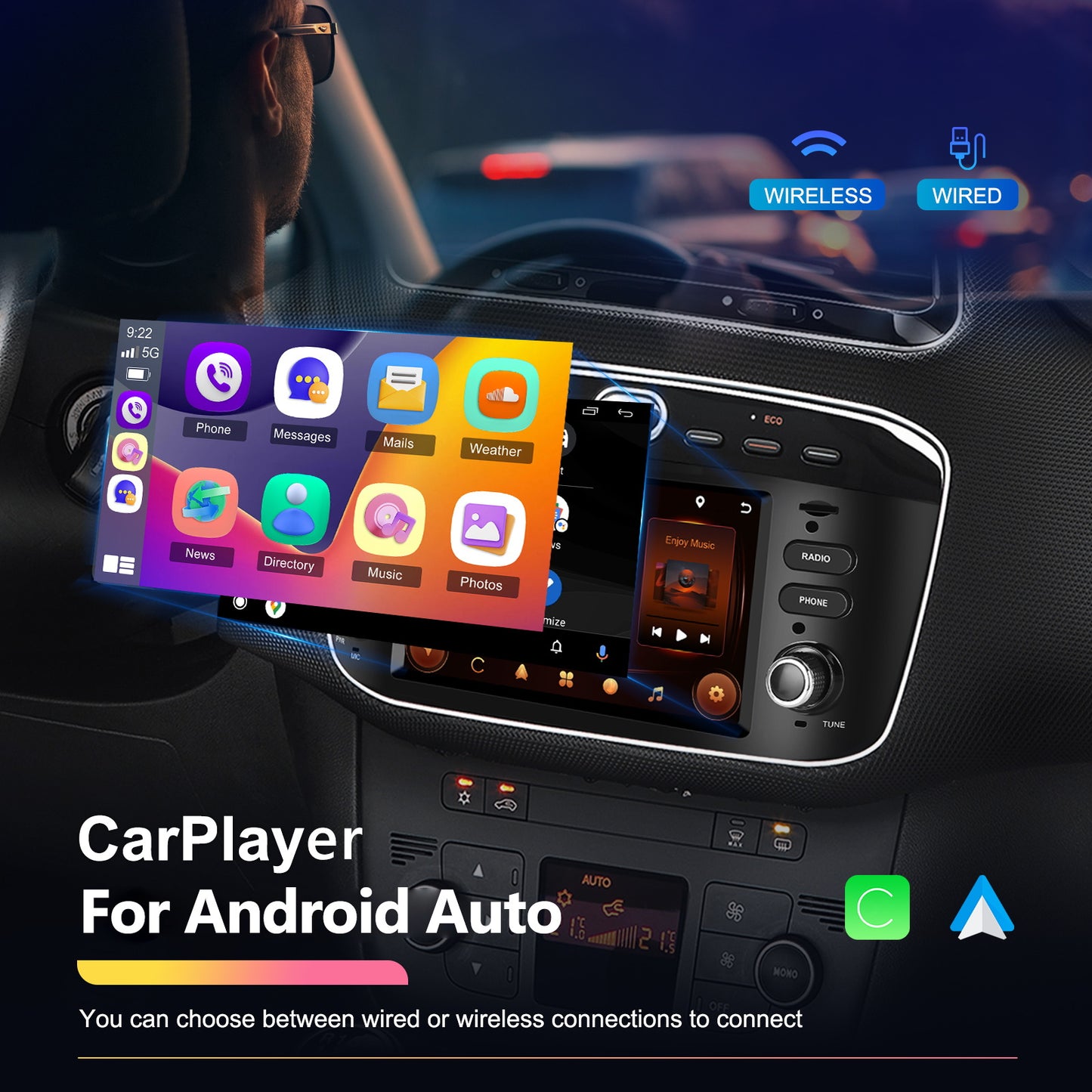 Autoradio – Multimedia Systeem – Car Stereo – Navigatiesysteem – Android Radio – 6,2 Inch HD Scherm – Android 13 Besturingssysteem – WiFi & CarPlay Zonder Camera en Microfoon