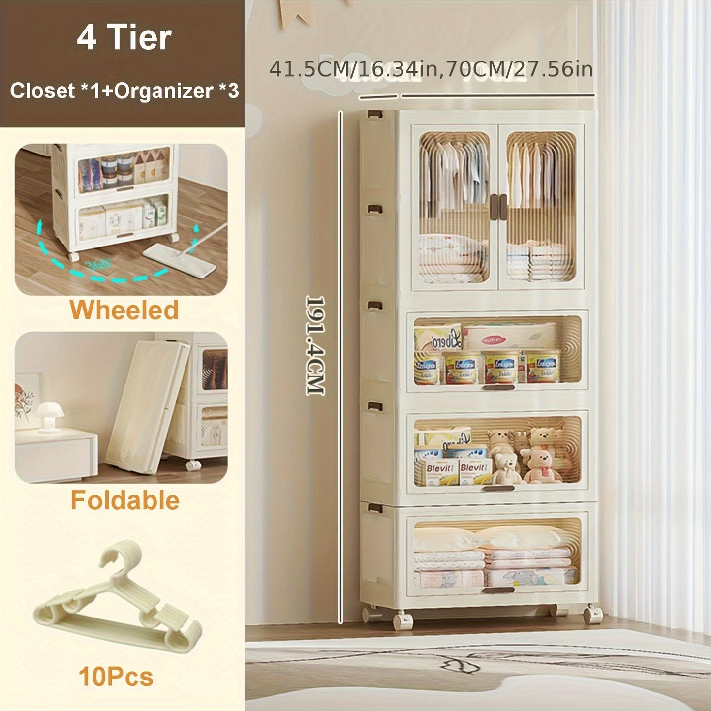 Kledingkast – Vouwbare Kast – Opvouwbare Kledingkast – Draagbare Garderobekast – Ruime Kast – 4 Laags – 10 Hangers – Mobiel Met Wieltjes – Eenvoudige Montage - Wit