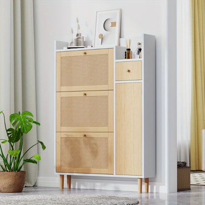 Schoenenkast – Schoenopberger – Schoenrek – Schoenmeubel – Halmeubel – Rattan Opbergkast Met 3 Kleppen – Smal Design Voor Kleine Ruimtes 90x125x17cm